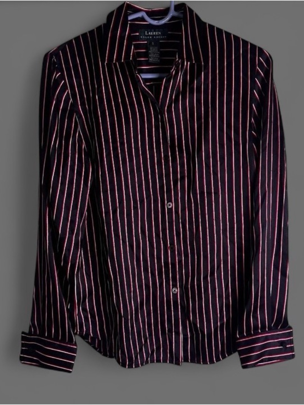 Lauren Ralph Lauren 100% Silk Blouse Womens Black Red Striped Button Front